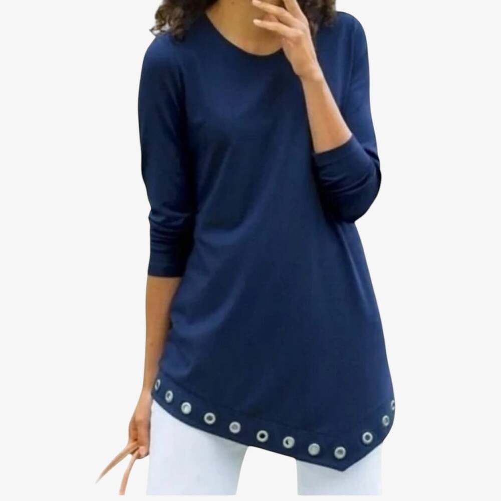 Soft Surroundings Top L Navy Stretch Travel Asymmetrical Grommet Hem Tunic Long